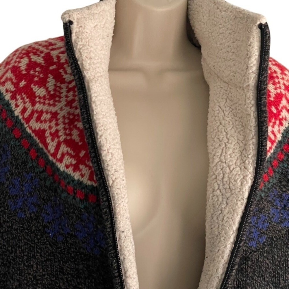 L.L. Bean 100% Lambswool Fair Isle Sweater Jacket Sherpa Lined Zip Women's L - Picture 7 of 12